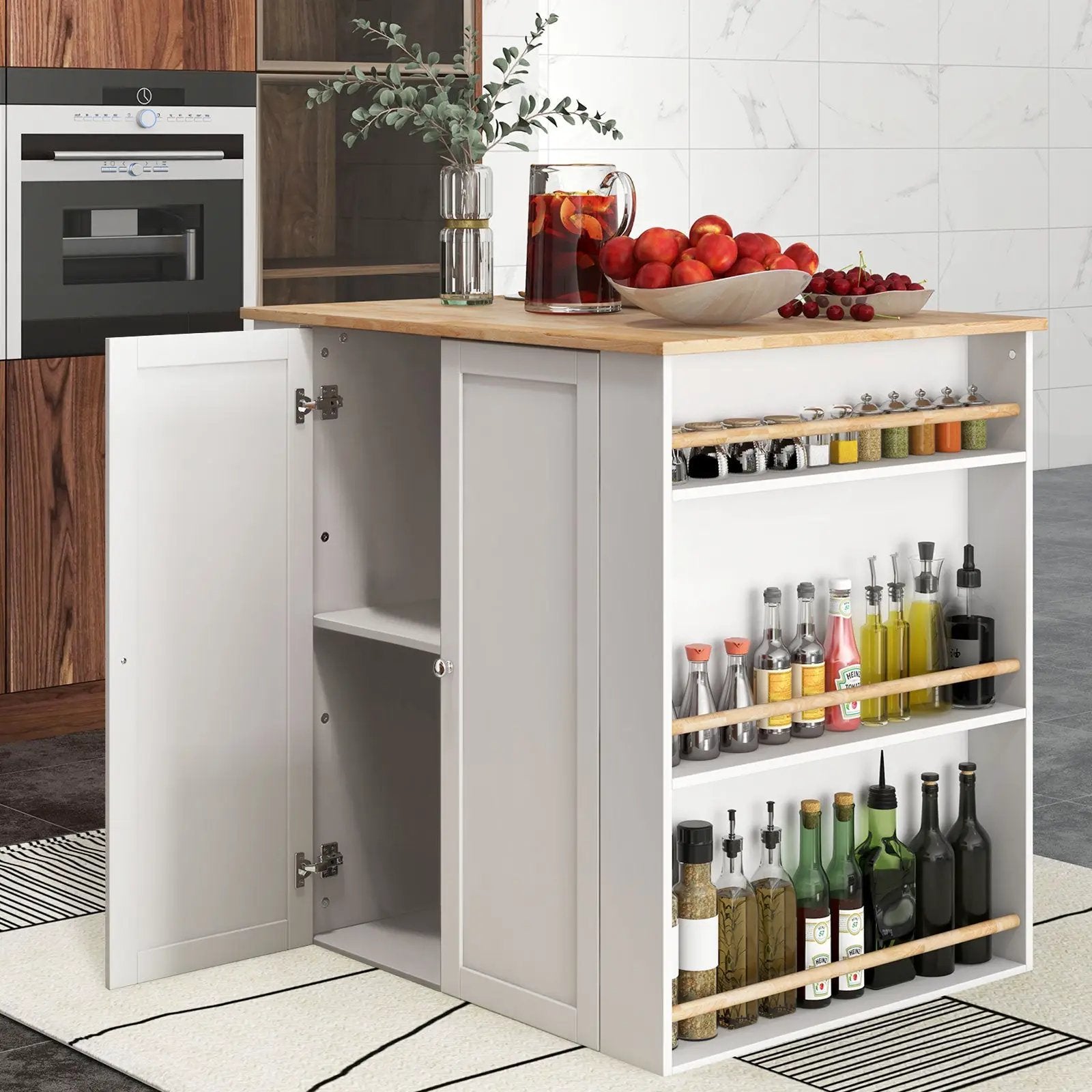 Modern Kitchen Island with Rubber Wood Countertop and Storage-White by DirectDeals