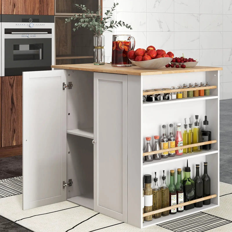 Modern Kitchen Island with Rubber Wood Countertop and Storage-White by DirectDeals