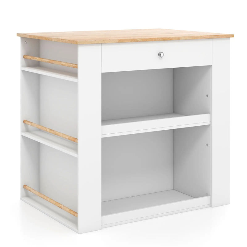 Modern Kitchen Island with Rubber Wood Countertop and Storage-White by DirectDeals