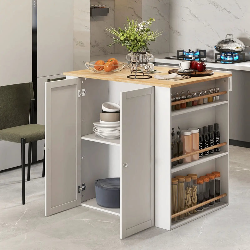 Modern Kitchen Island with Rubber Wood Countertop and Storage-White by DirectDeals