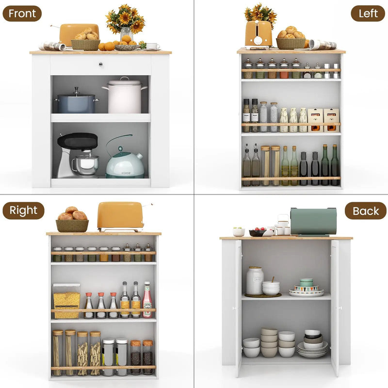 Modern Kitchen Island with Rubber Wood Countertop and Storage-White by DirectDeals