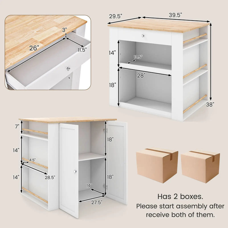 Modern Kitchen Island with Rubber Wood Countertop and Storage-White by DirectDeals