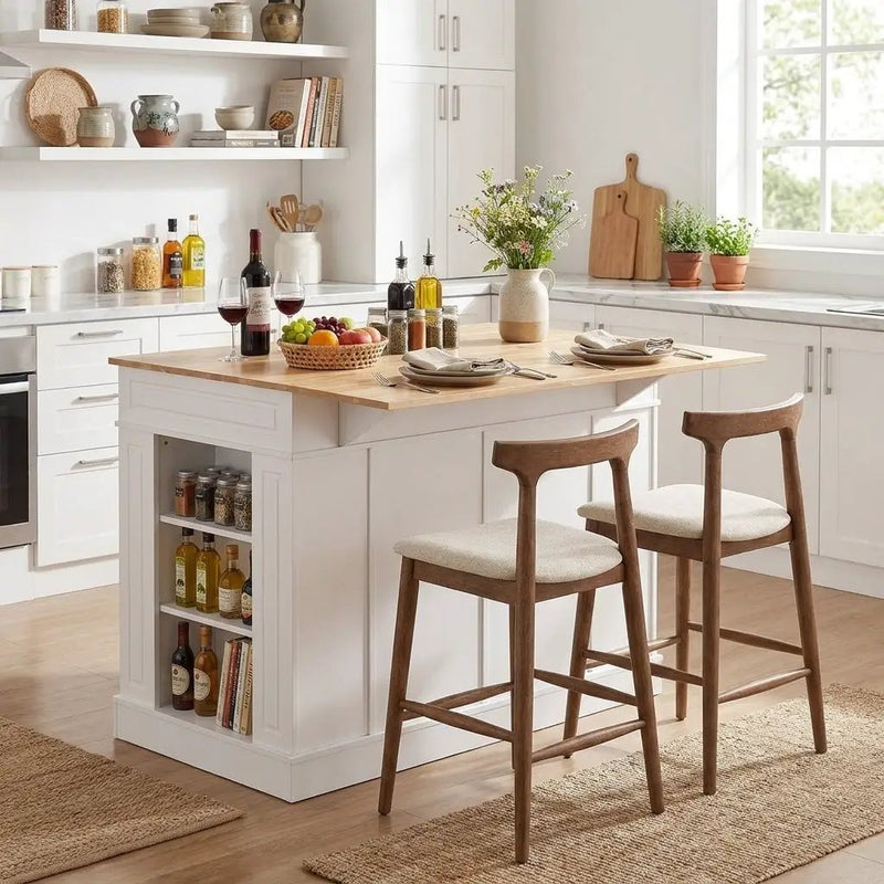 Kitchen Island with Storage with 2 Counter Height Solid Wood Bar Stools Set by DirectDeals