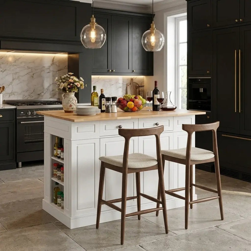 Kitchen Island with Storage with 2 Counter Height Solid Wood Bar Stools Set by DirectDeals