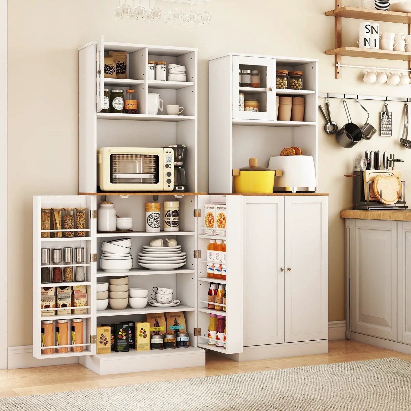 Kitchen Pantry Cabinet 67 Inch Freestanding Tall Cupboard with Microwave Shelf-White by DirectDeals