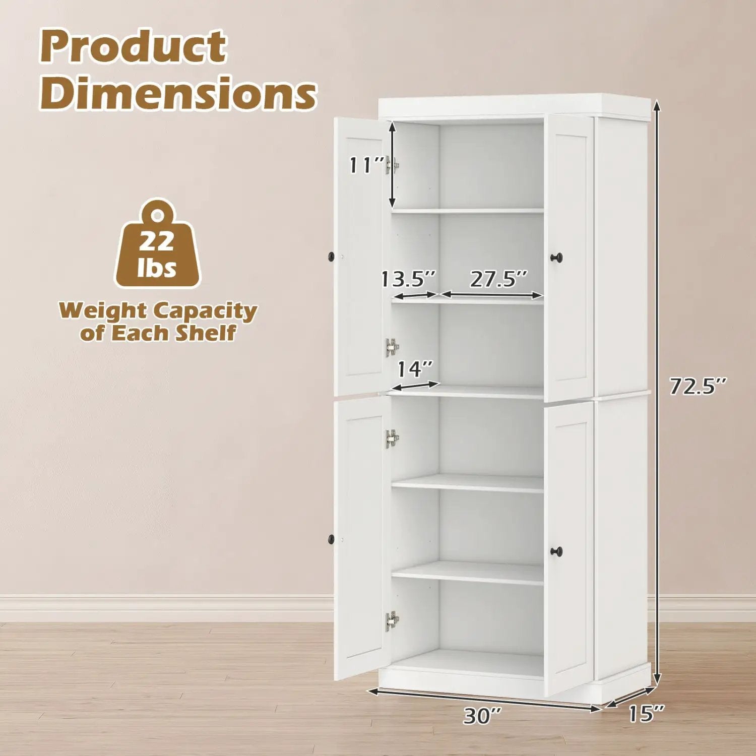 Kitchen Pantry Cabinet with 2 Adjustable Shelves and Anti-Tipping Kits for Living Room by DirectDeals