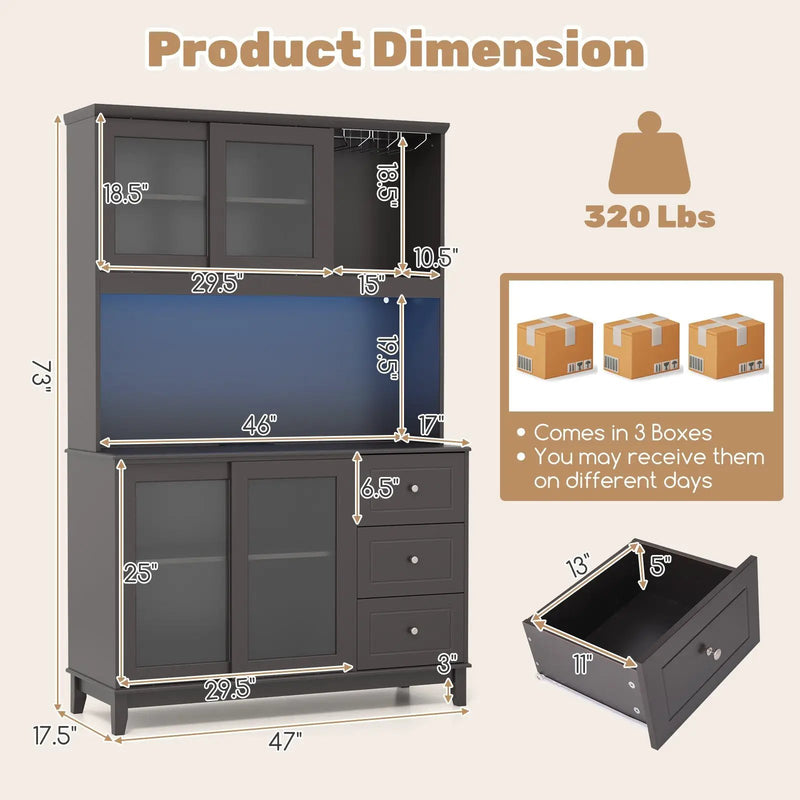 Kitchen Pantry Storage Cabinet Kitchen Hutch with LED lights and Power Outlet by DirectDeals