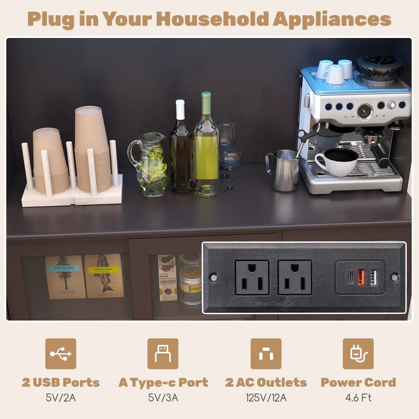 Kitchen Pantry Storage Cabinet Kitchen Hutch with LED lights and Power Outlet by DirectDeals