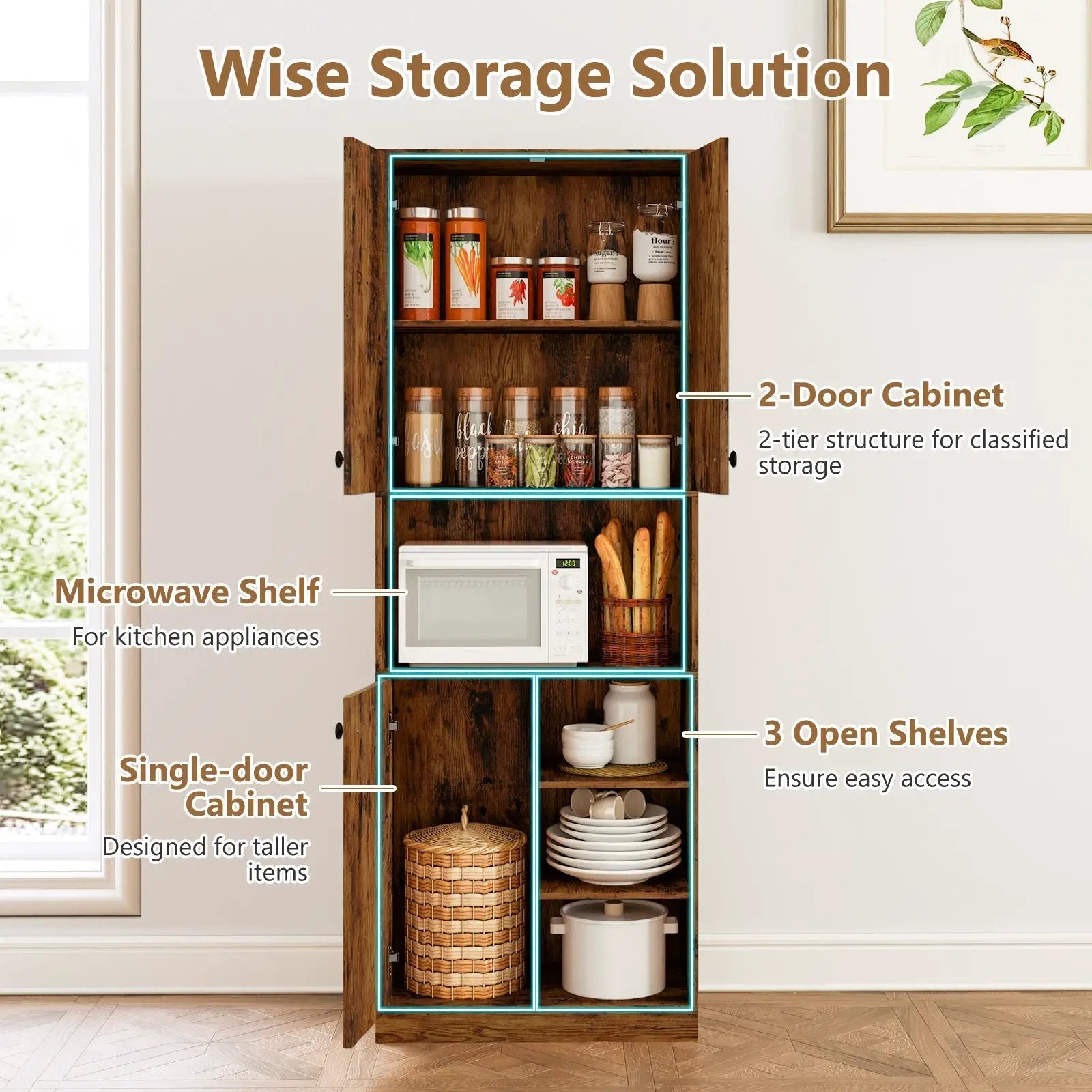 Kitchen Pantry Storage Cabinet with Microwave Stand and Open Shelves by DirectDeals