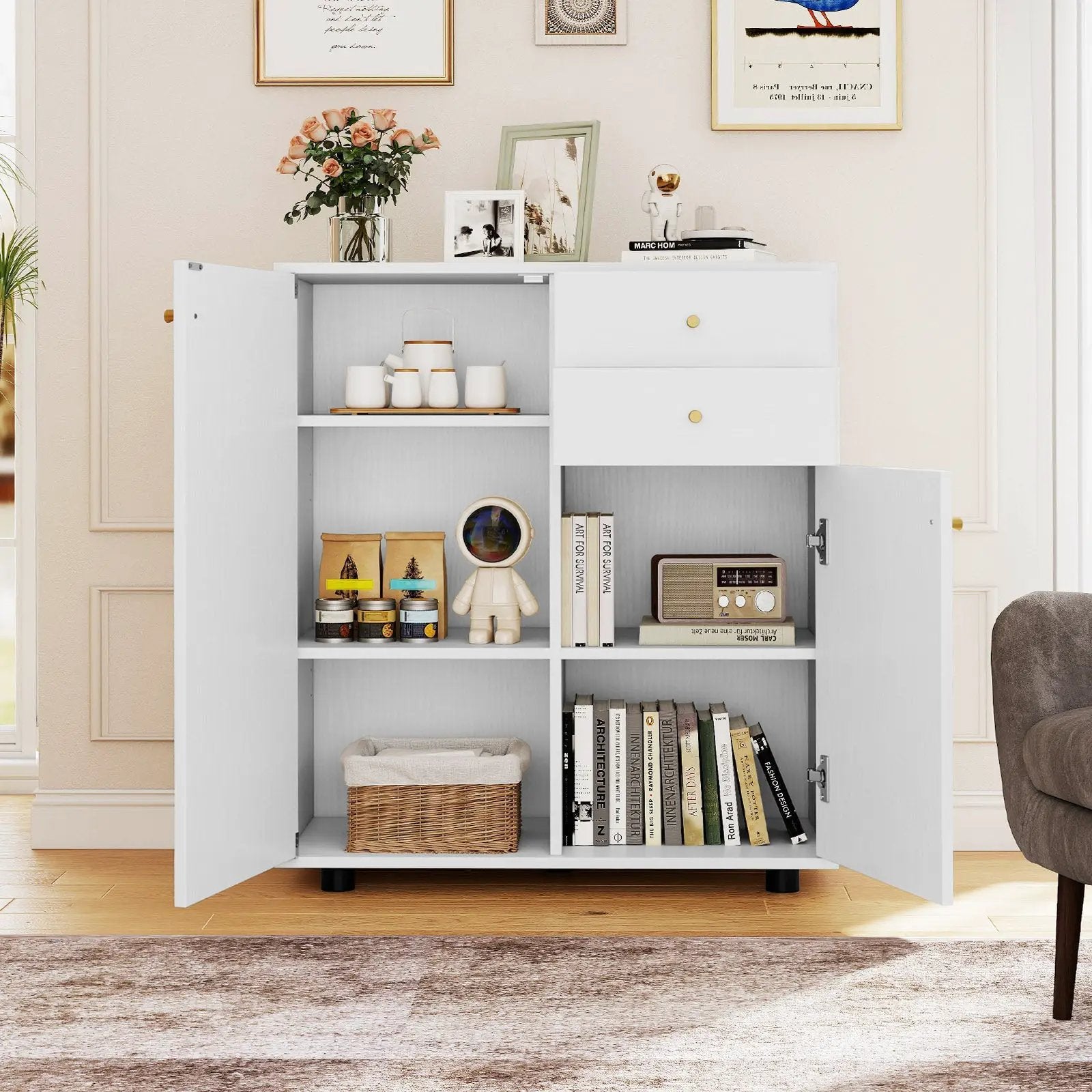 Kitchen Sideboard Buffet Cabinet Coffee Bar Cabinet with 2 Drawers 2 Doors and 3 Adjustable Shelves-White by DirectDeals