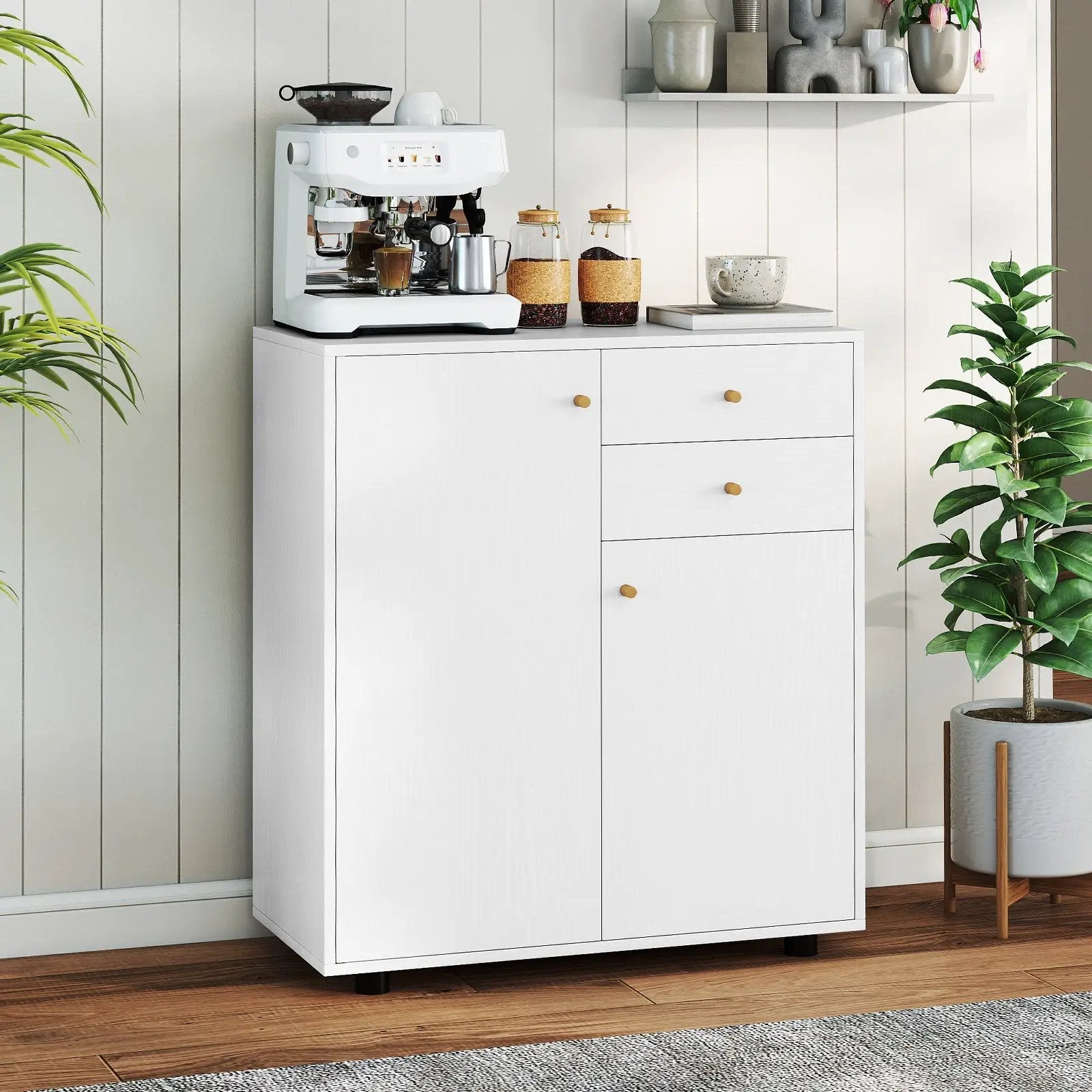 Kitchen Sideboard Buffet Cabinet Coffee Bar Cabinet with 2 Drawers 2 Doors and 3 Adjustable Shelves-White by DirectDeals