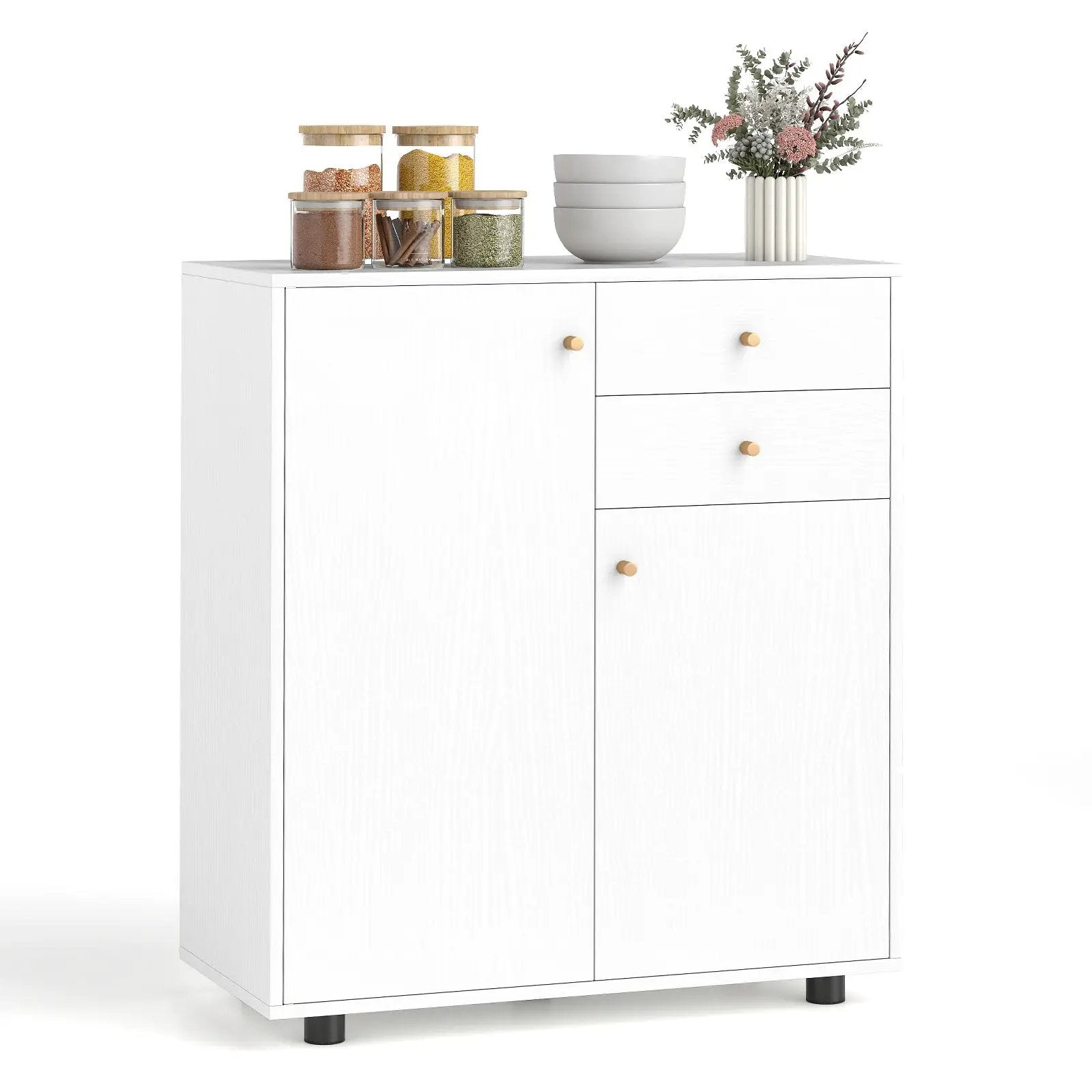 Kitchen Sideboard Buffet Cabinet Coffee Bar Cabinet with 2 Drawers 2 Doors and 3 Adjustable Shelves-White by DirectDeals