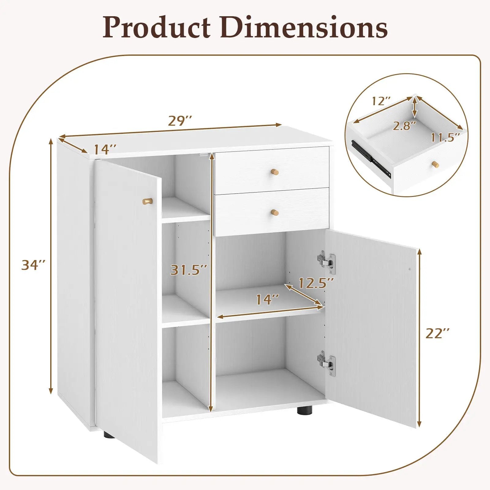 Kitchen Sideboard Buffet Cabinet Coffee Bar Cabinet with 2 Drawers 2 Doors and 3 Adjustable Shelves-White by DirectDeals