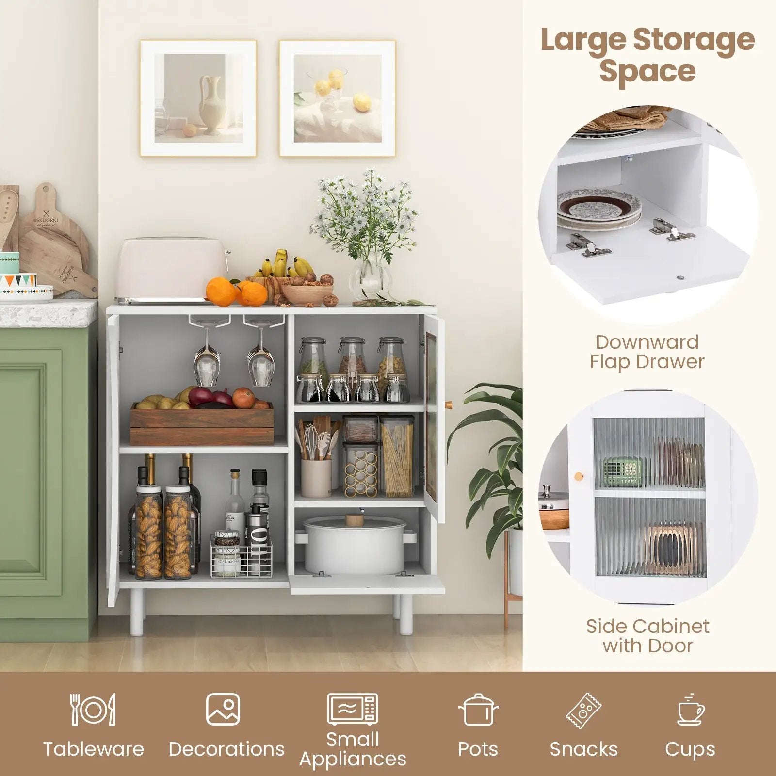 Kitchen Sideboard with Glasses Holder for Living Room Dining Room-White by DirectDeals