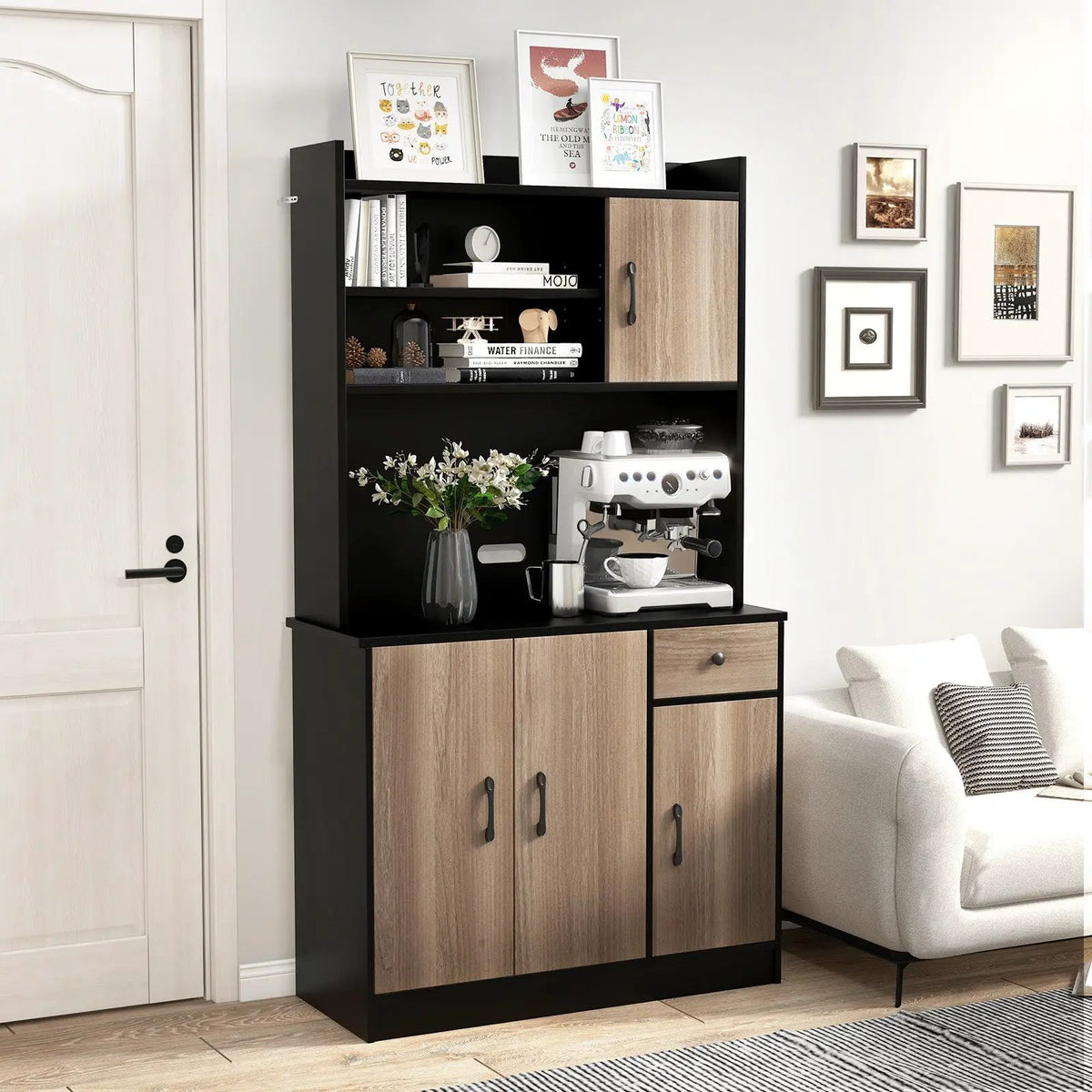 4-Door Freestanding Kitchen Buffet with Hutch and Adjustable Shelves, photo 3 of 16