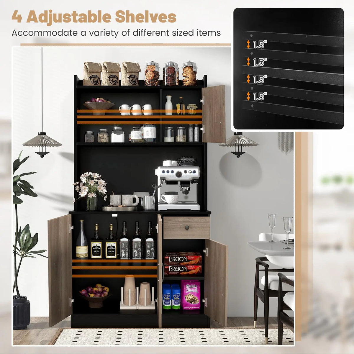 4-Door Freestanding Kitchen Buffet with Hutch and Adjustable Shelves, photo 13 of 16
