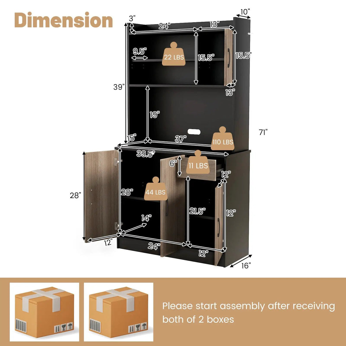 4-Door Freestanding Kitchen Buffet with Hutch and Adjustable Shelves, photo 9 of 16