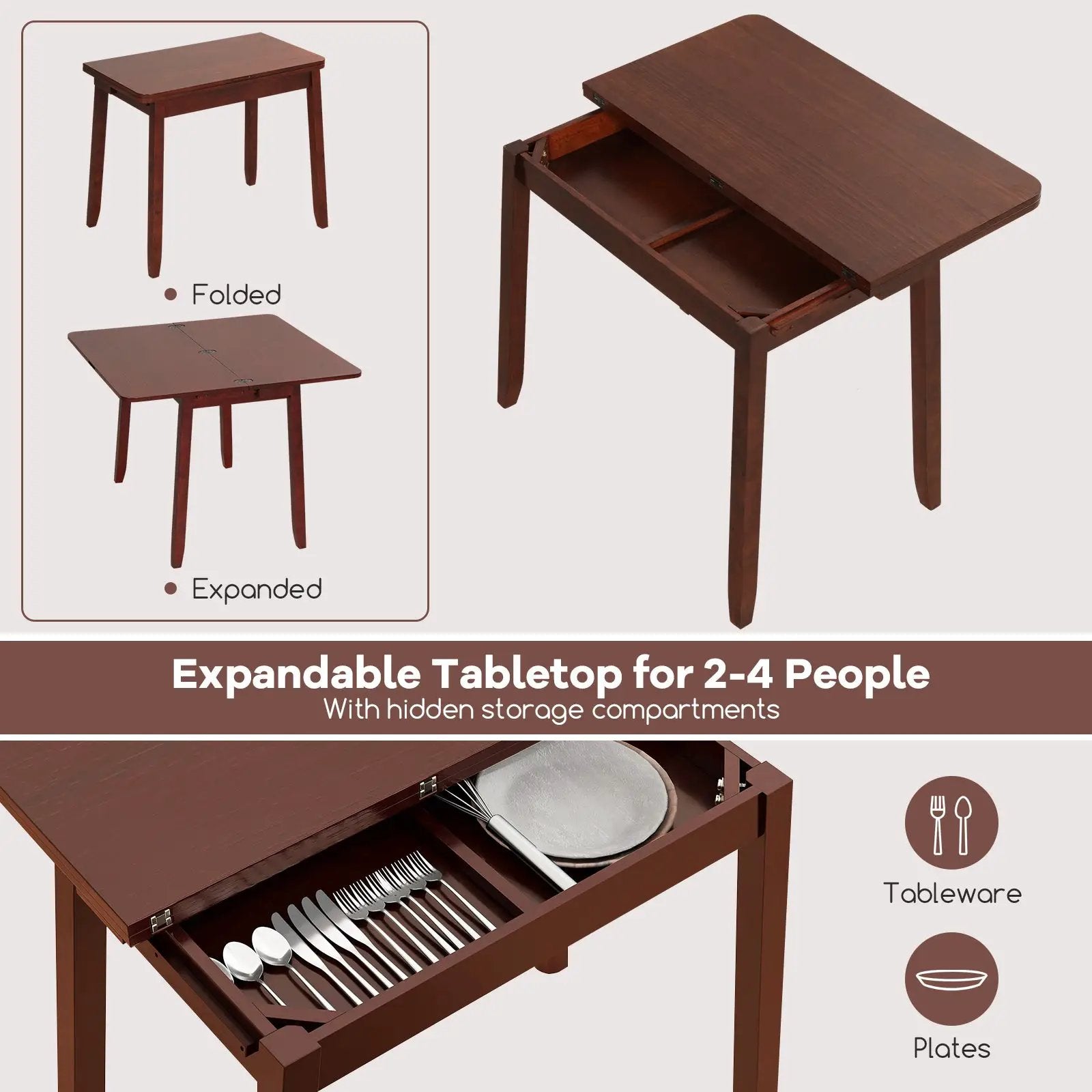 Kitchen Table Set for 2 Expandable Dining Table with 2 Upholstered Folding Chairs by DirectDeals