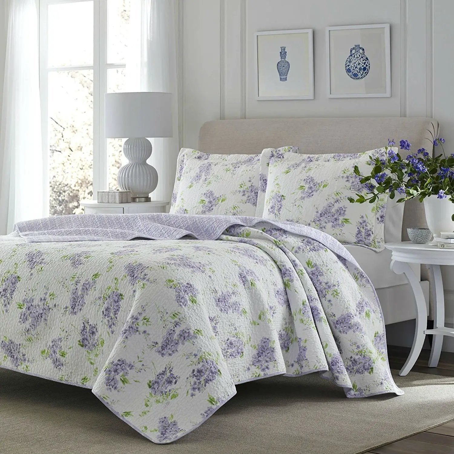 Full / Queen size 3-Piece Cotton Quilt Set with White Purple Floral Pattern by HomePacific