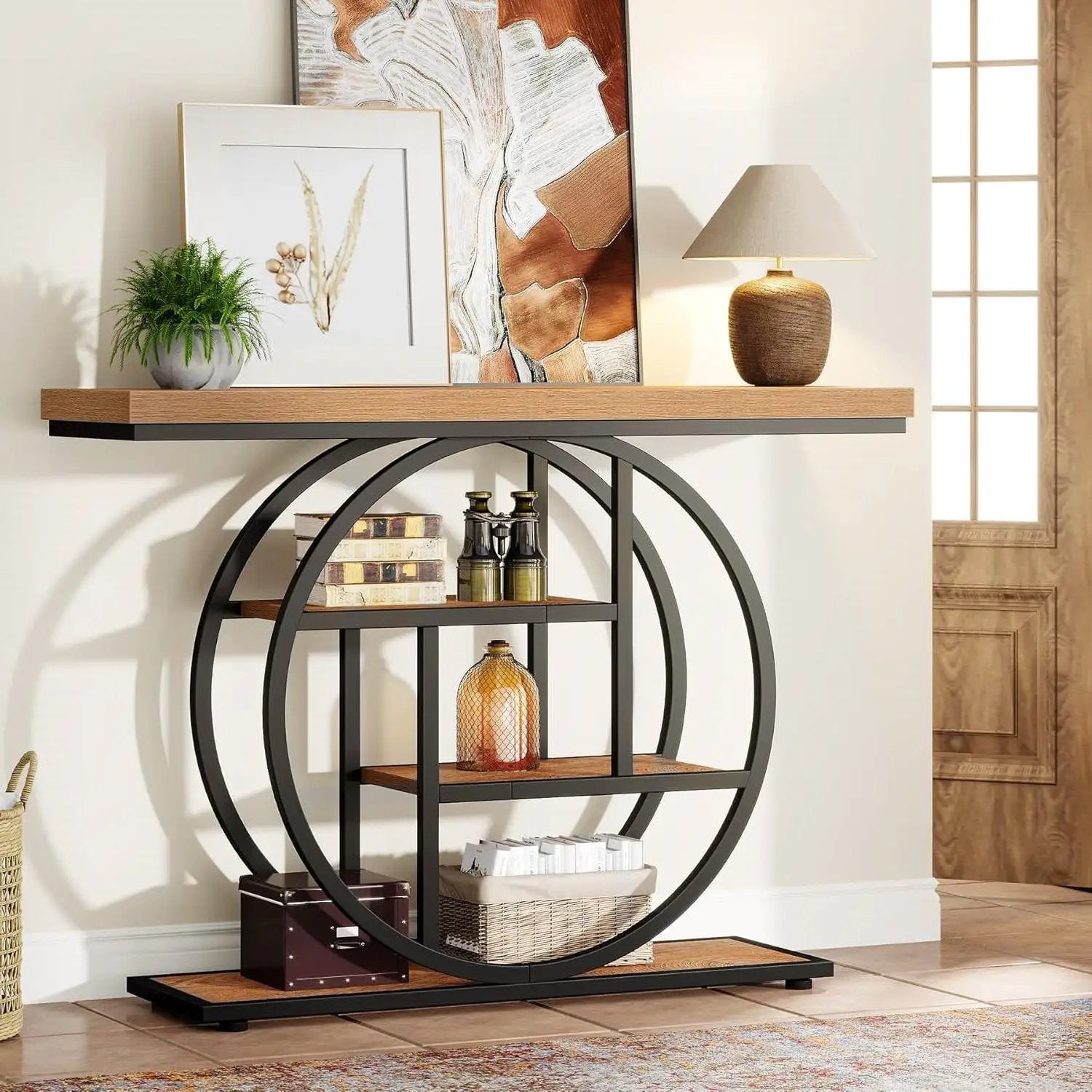Modern 41-inch Round Base Entryway Sofa Table with Brown Wood Finish Shelves by HomePacific
