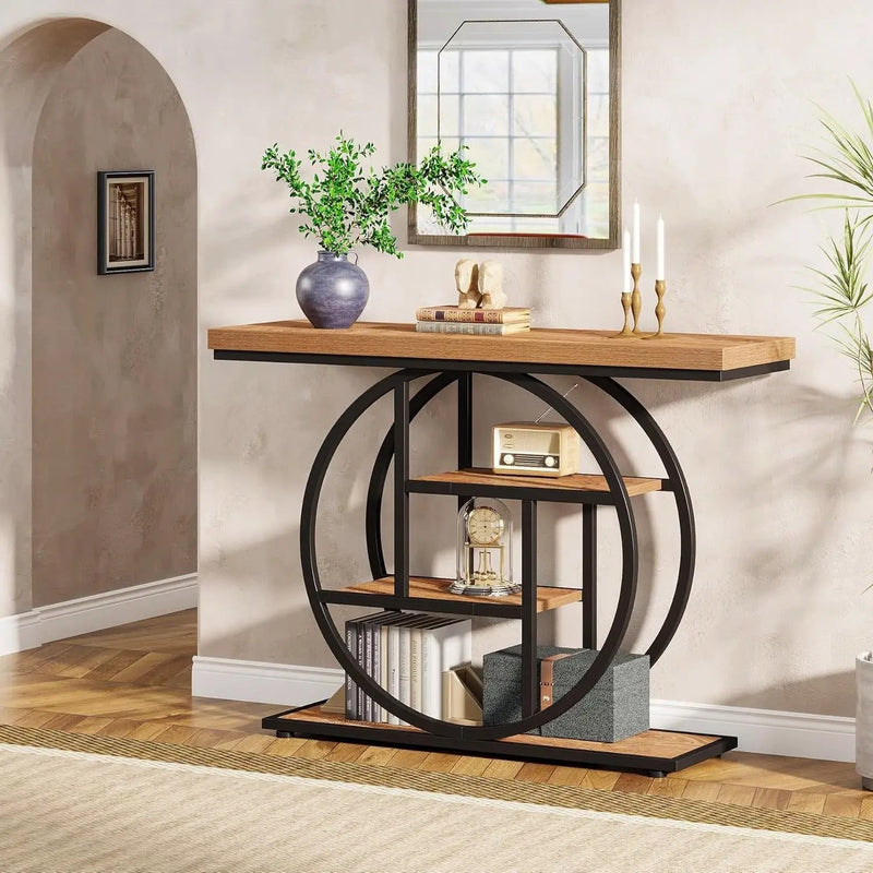 Modern 41-inch Round Base Entryway Sofa Table with Brown Wood Finish Shelves by HomePacific