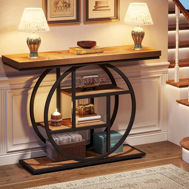 Modern 41-inch Round Base Entryway Sofa Table with Brown Wood Finish Shelves by HomePacific