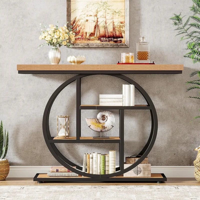 Modern 41-inch Round Base Entryway Sofa Table with Brown Wood Finish Shelves by HomePacific