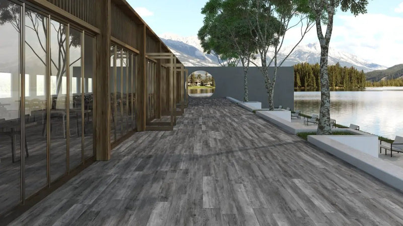 Katella Ash Matte Wood Look Porcelain Pool Copings 13x24 in a finished room