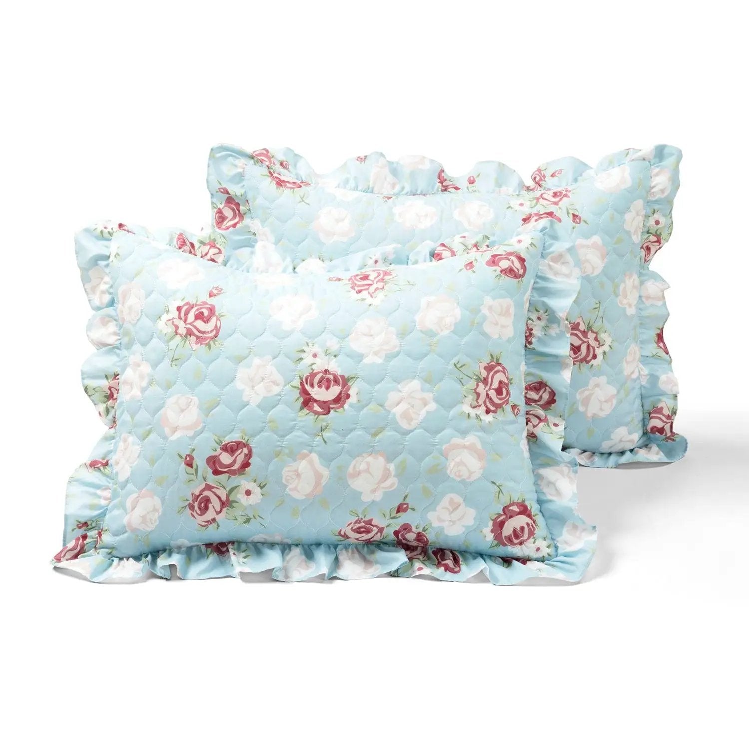 Full/Queen size Vintage Rose Ruffle Edge Light Quilt Set in Blue White and Pink by HomePacific