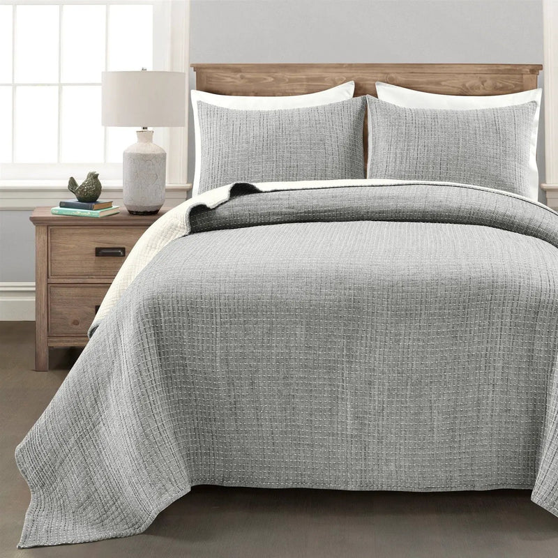 King Size 3-Piece Reversible Cotton Yarn Woven Coverlet Set in Grey Cream by HomePacific