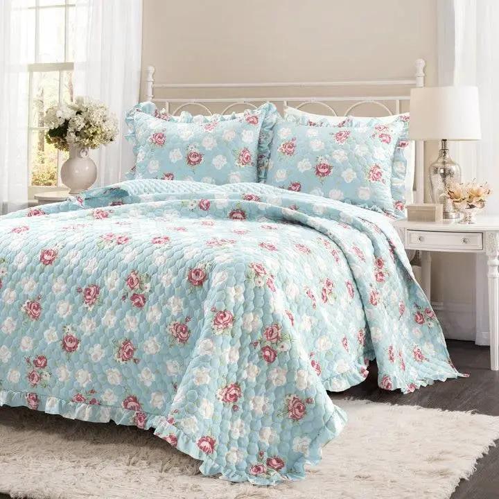 King size Vintage Rose Ruffle Edge Light Quilt Set in Blue White and Pink by HomePacific