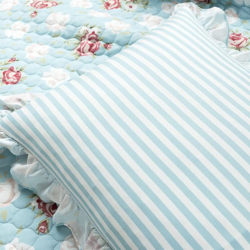 King size Vintage Rose Ruffle Edge Light Quilt Set in Blue White and Pink by HomePacific