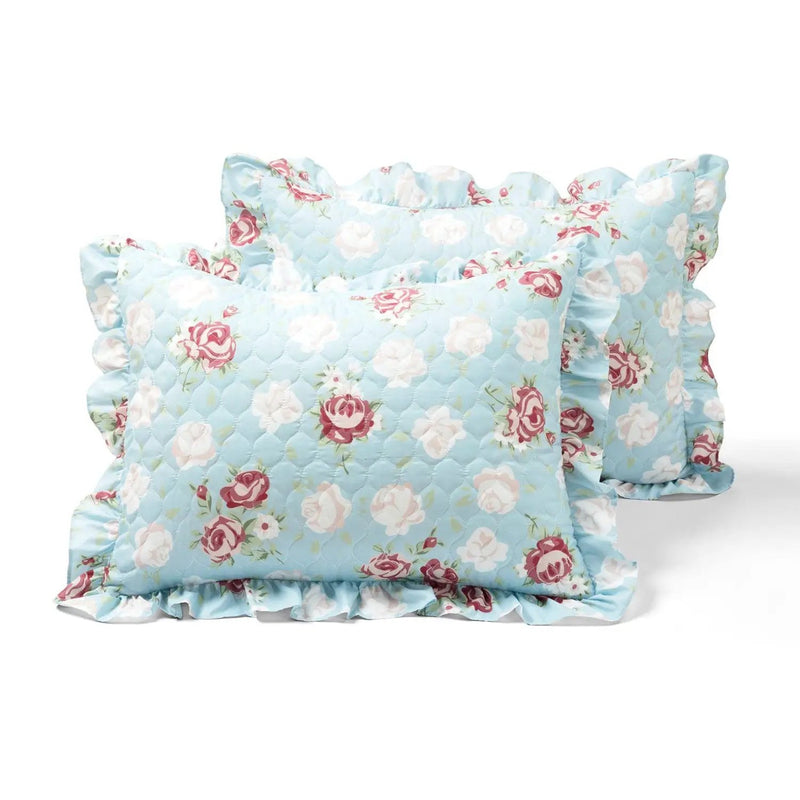 King size Vintage Rose Ruffle Edge Light Quilt Set in Blue White and Pink by HomePacific