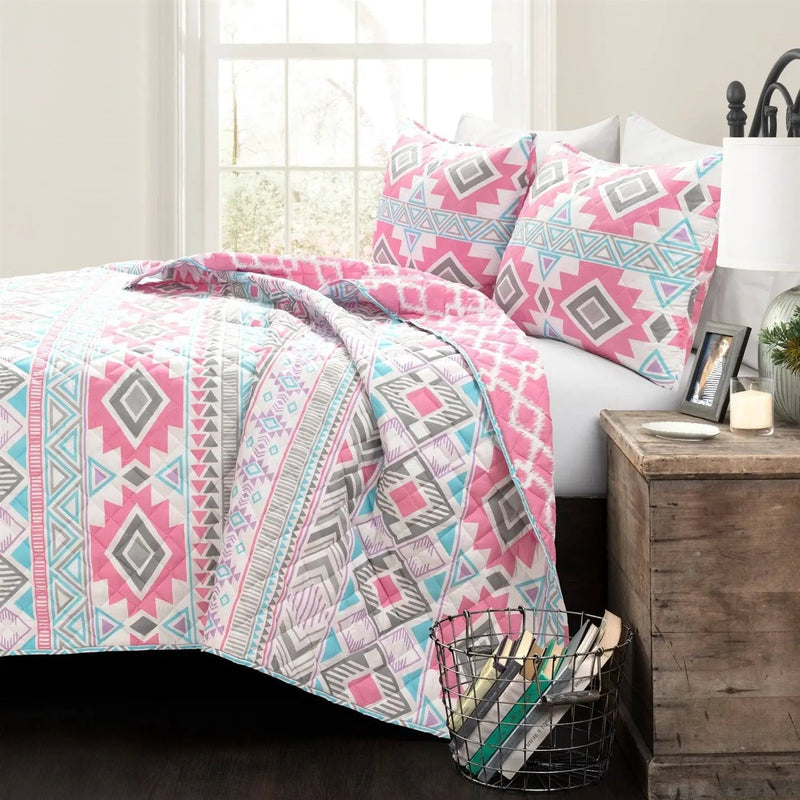 Twin Southwest Indian Style Polyester Pink Blue Striped Reversible Quilt Set by HomePacific