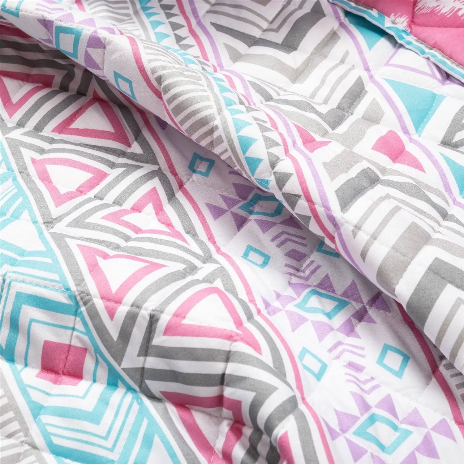 Twin Southwest Indian Style Polyester Pink Blue Striped Reversible Quilt Set by HomePacific