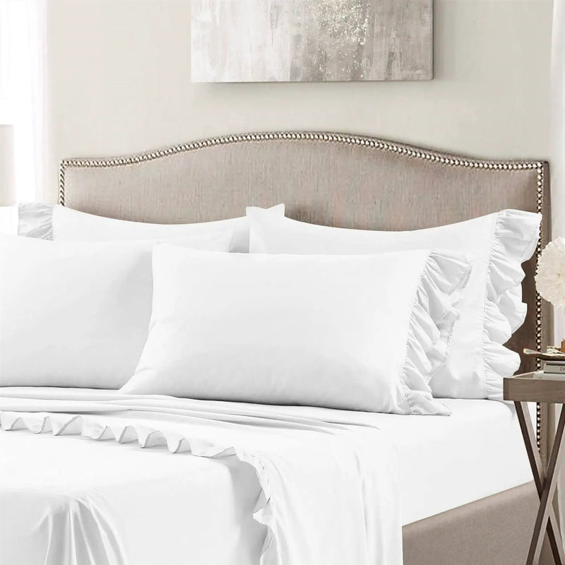 Queen size 6-Piece White Microfiber Sheet Set with Ruffled Edges by HomePacific