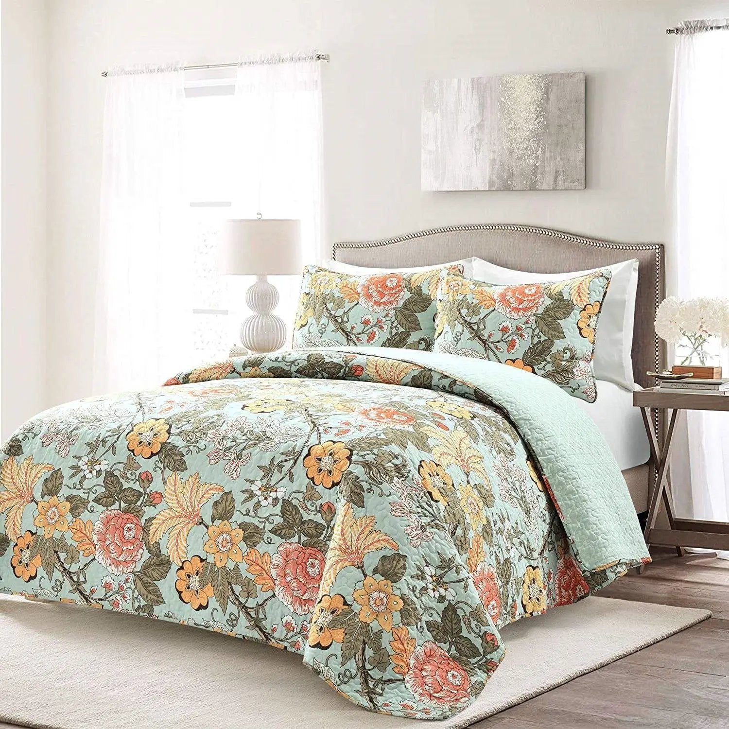 3 Piece FarmHouse Teal Floral Cotton Reversible Quilt Set, King by HomePacific