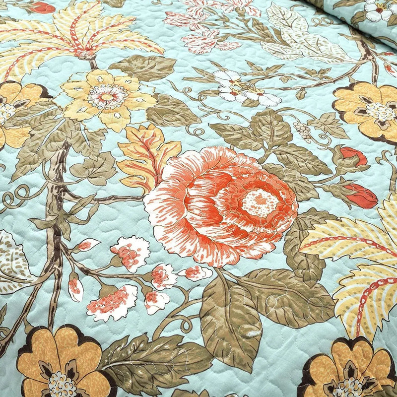 3 Piece FarmHouse Teal Floral Cotton Reversible Quilt Set, King by HomePacific