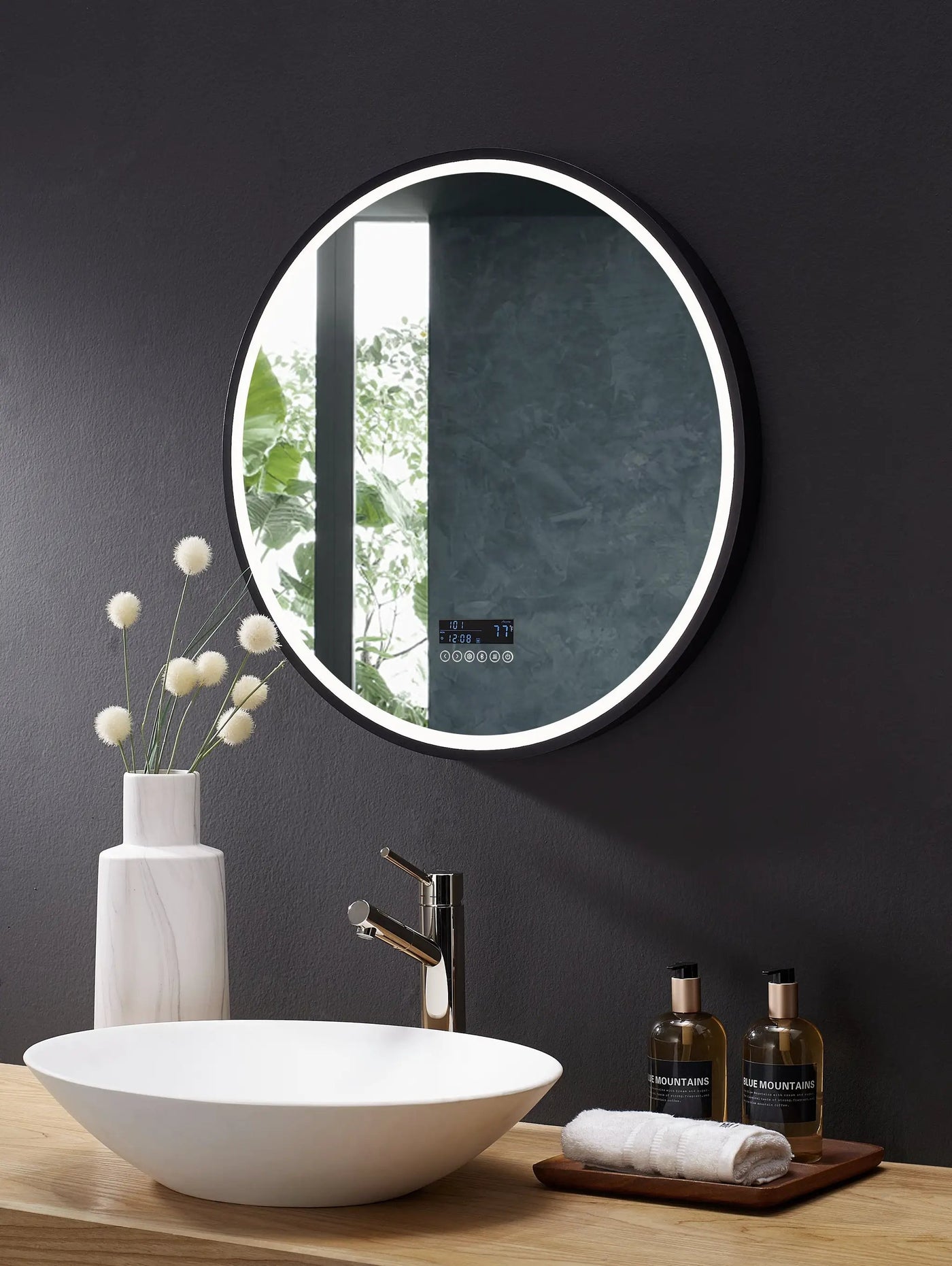 Cirque Round LED Lighted Bathroom Vanity Black Framed Mirror by Ancerre Designs