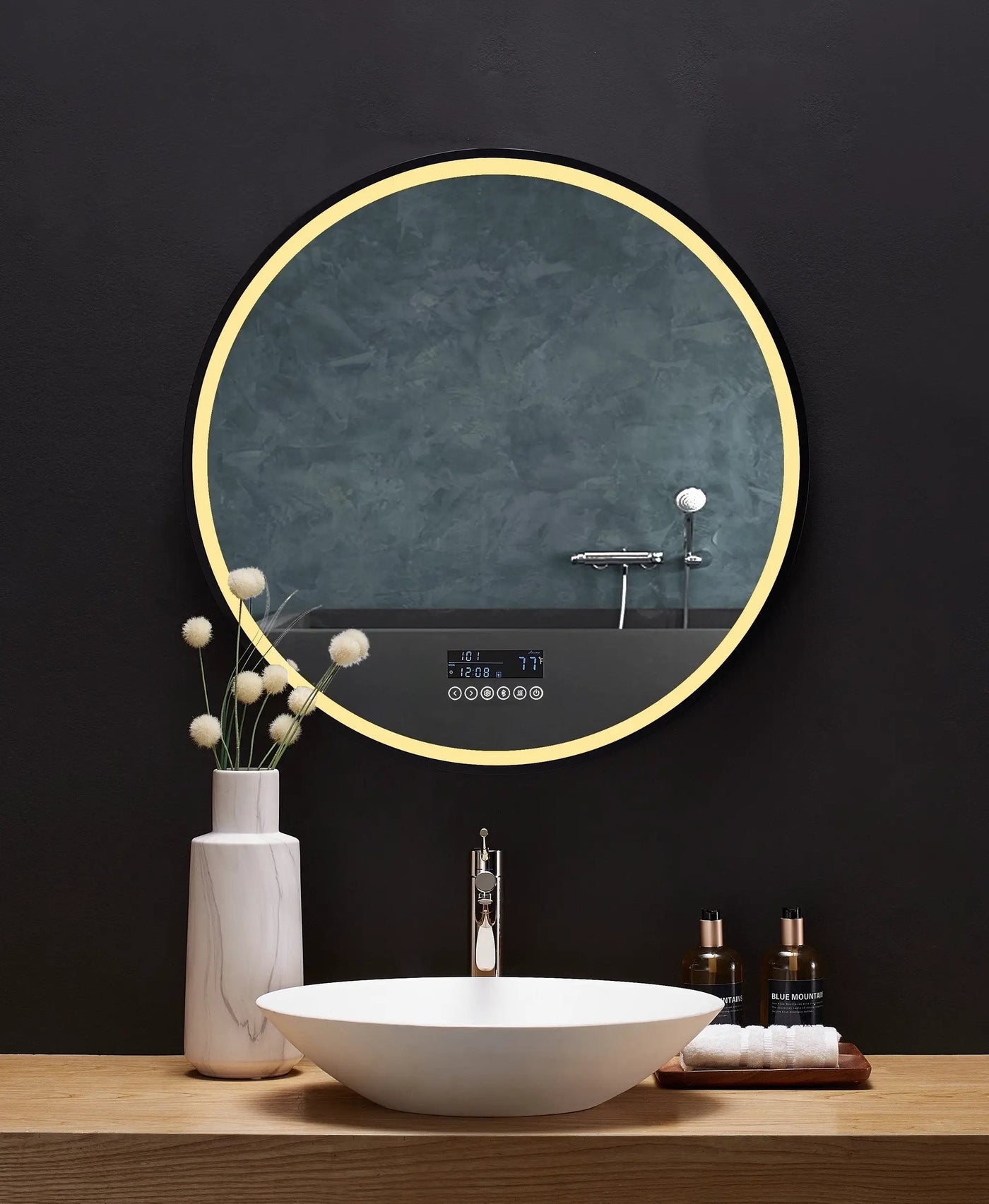 Cirque Round LED Lighted Bathroom Vanity Black Framed Mirror by Ancerre Designs