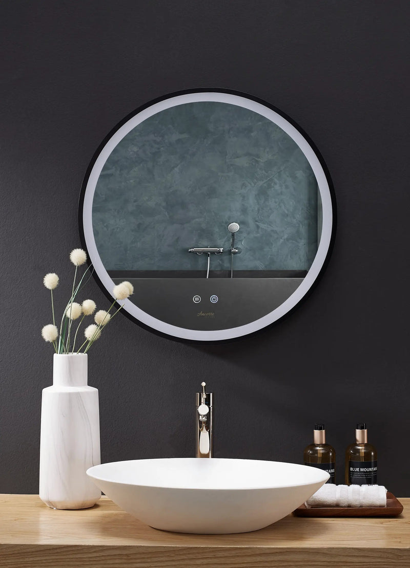 Cirque Round LED Lighted Bathroom Vanity Black Framed Mirror by Ancerre Designs