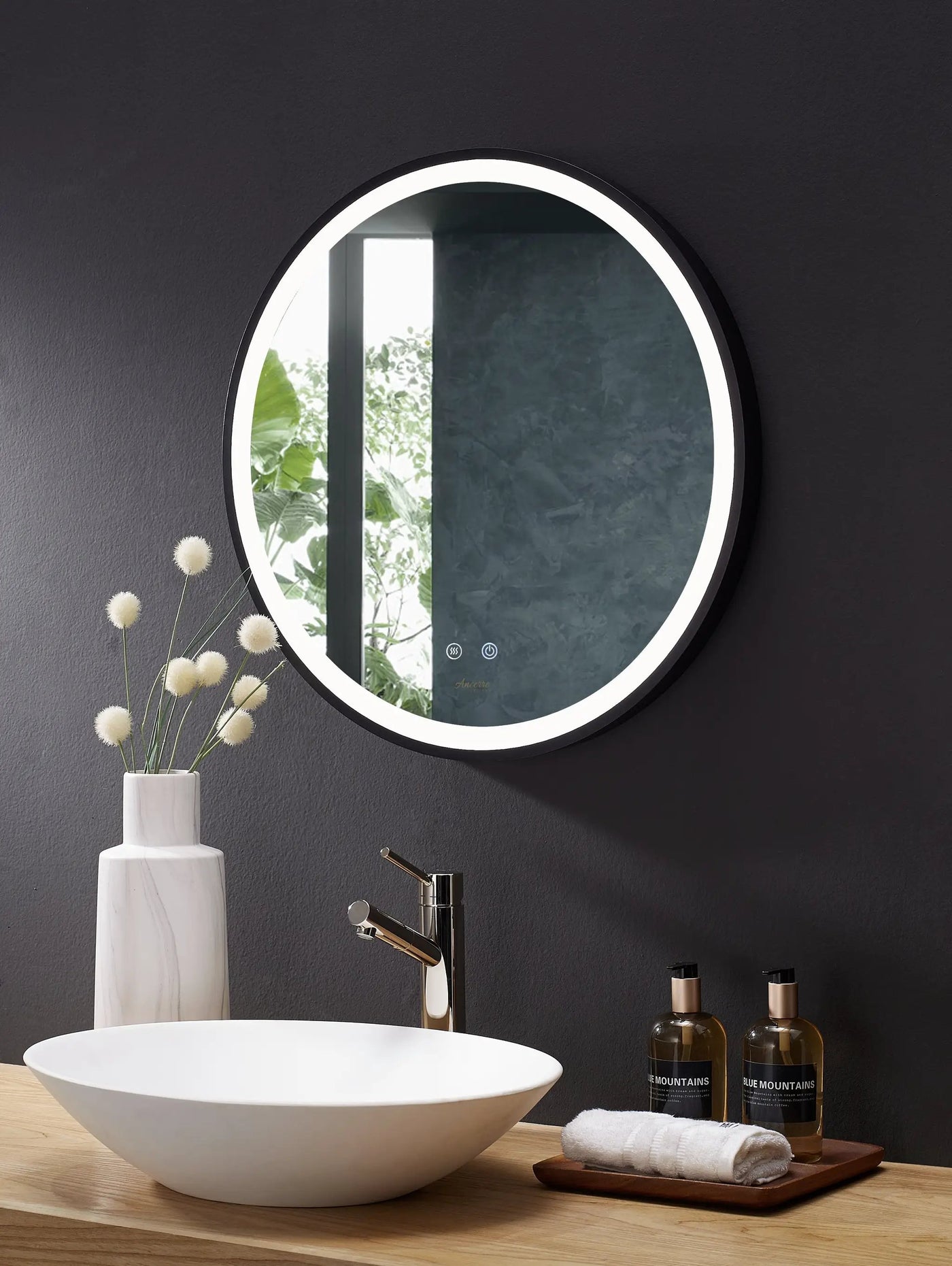 Cirque Round LED Lighted Bathroom Vanity Black Framed Mirror by Ancerre Designs