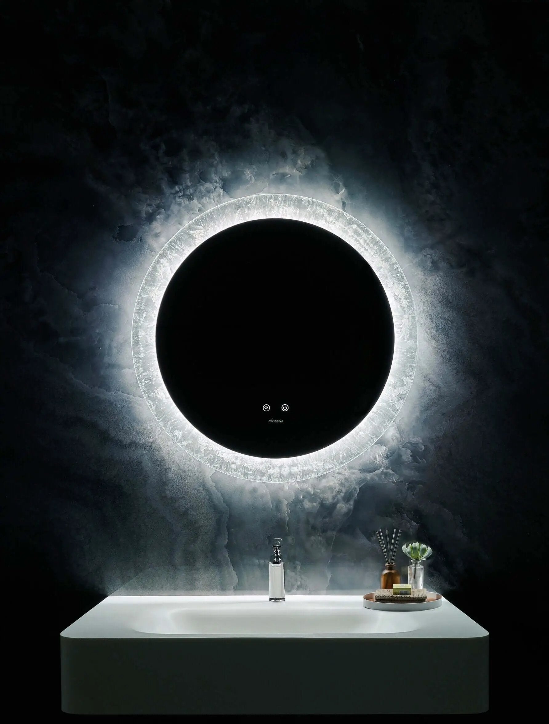 Frysta Round LED Frameless Mirror with Dimmer and Defogger by Ancerre Designs