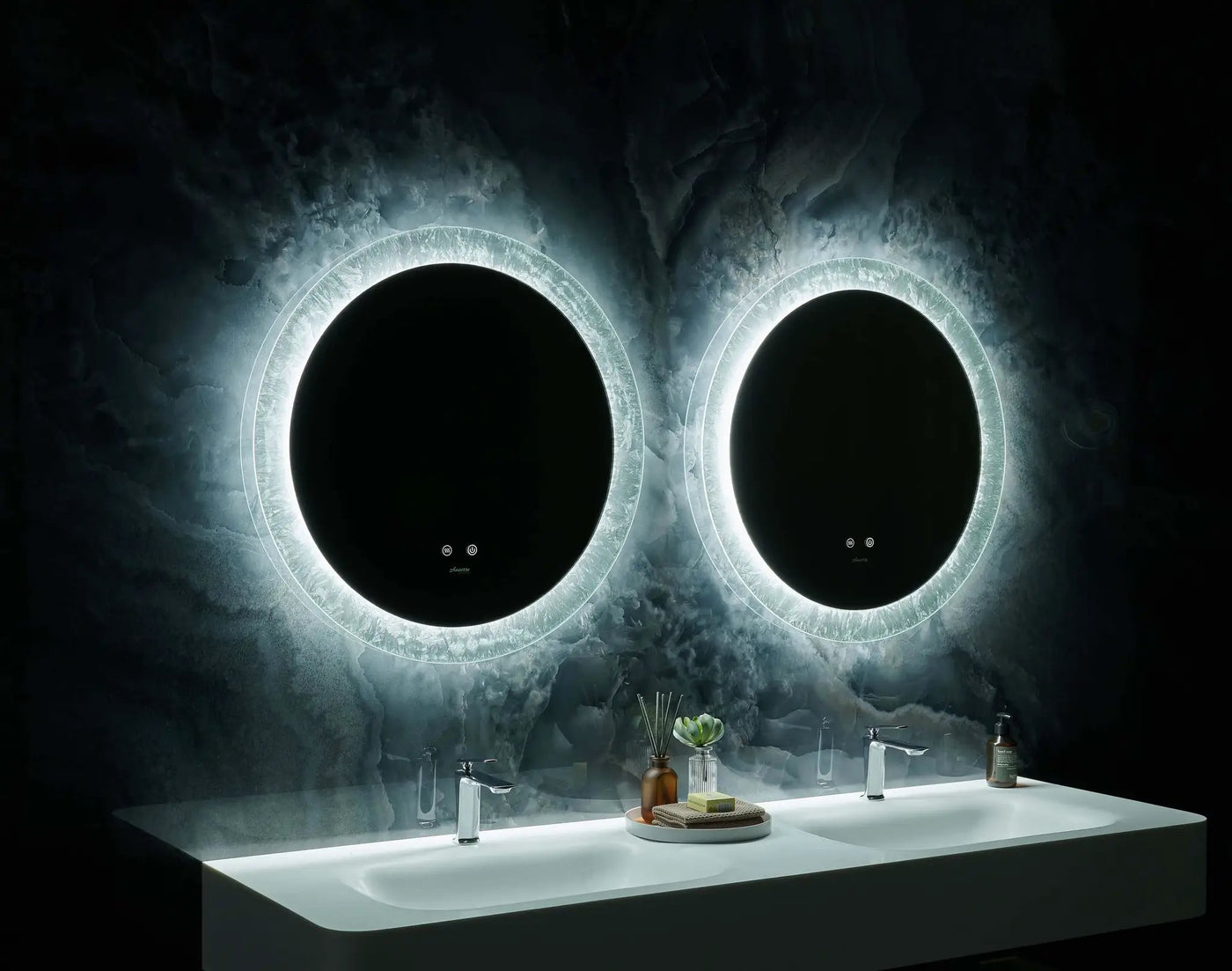 Frysta Round LED Frameless Mirror with Dimmer and Defogger by Ancerre Designs