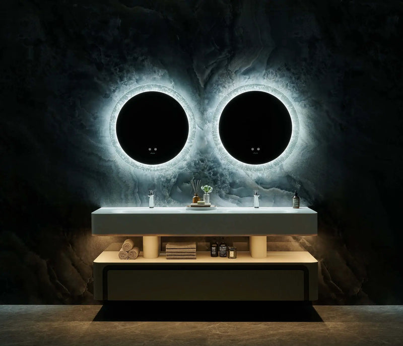 Frysta Round LED Frameless Mirror with Dimmer and Defogger by Ancerre Designs