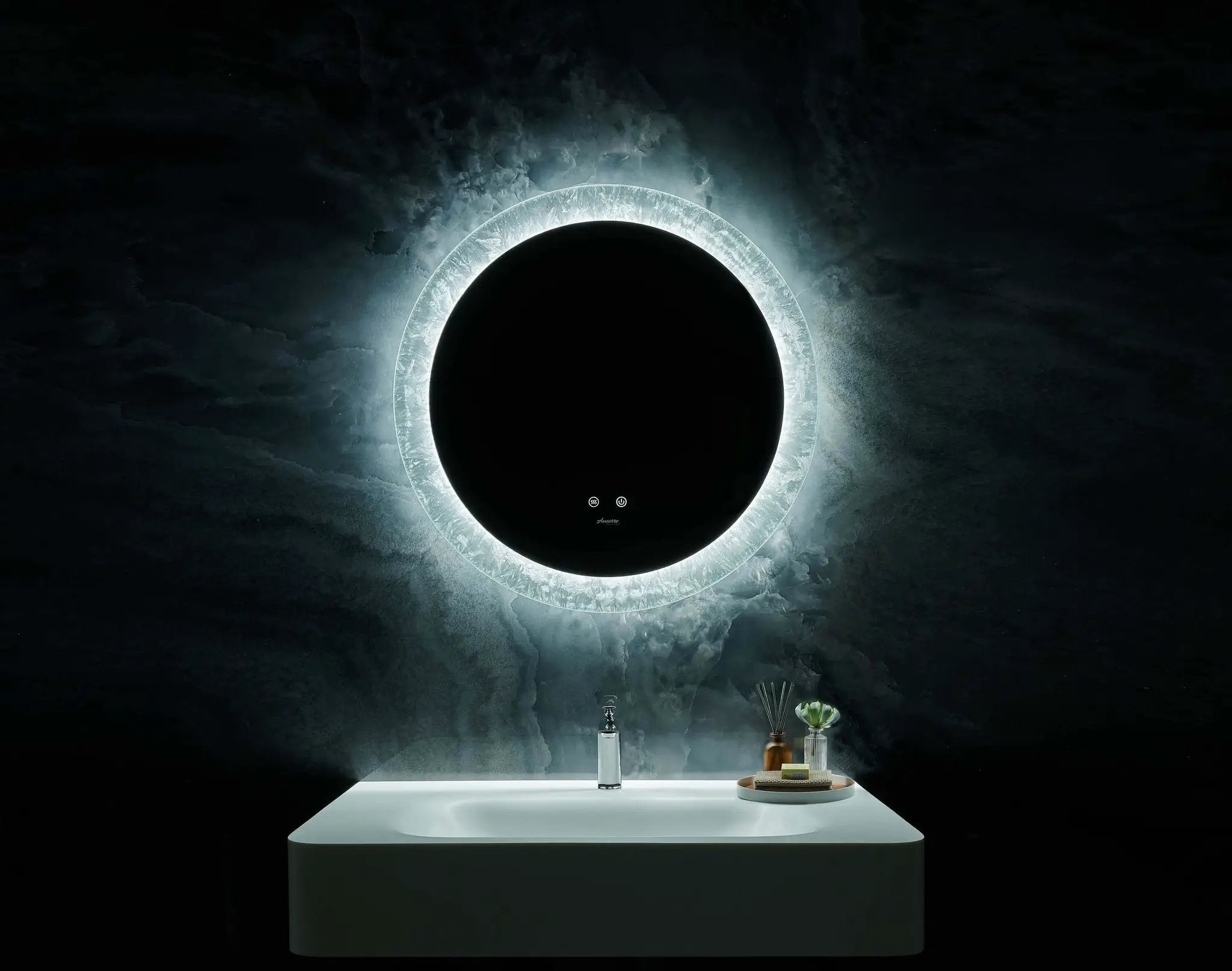 Frysta Round LED Frameless Mirror with Dimmer and Defogger by Ancerre Designs