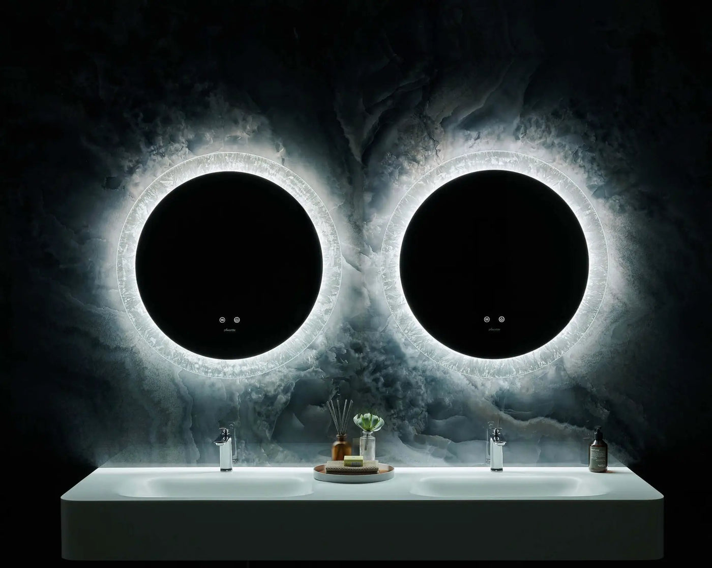 Frysta Round LED Frameless Mirror with Dimmer and Defogger by Ancerre Designs