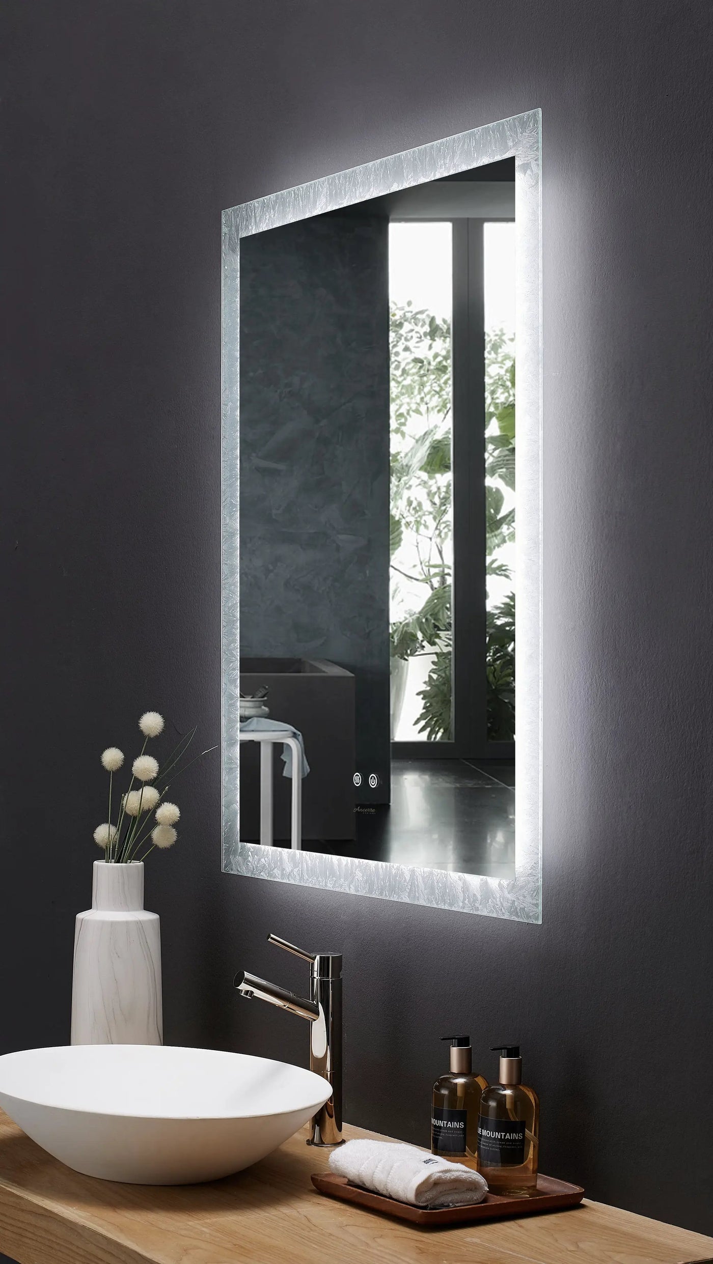 Frysta LED Frameless Rectangular Mirror Lighted Bathroom Vanity with Dimmer and Defogger by Ancerre Designs