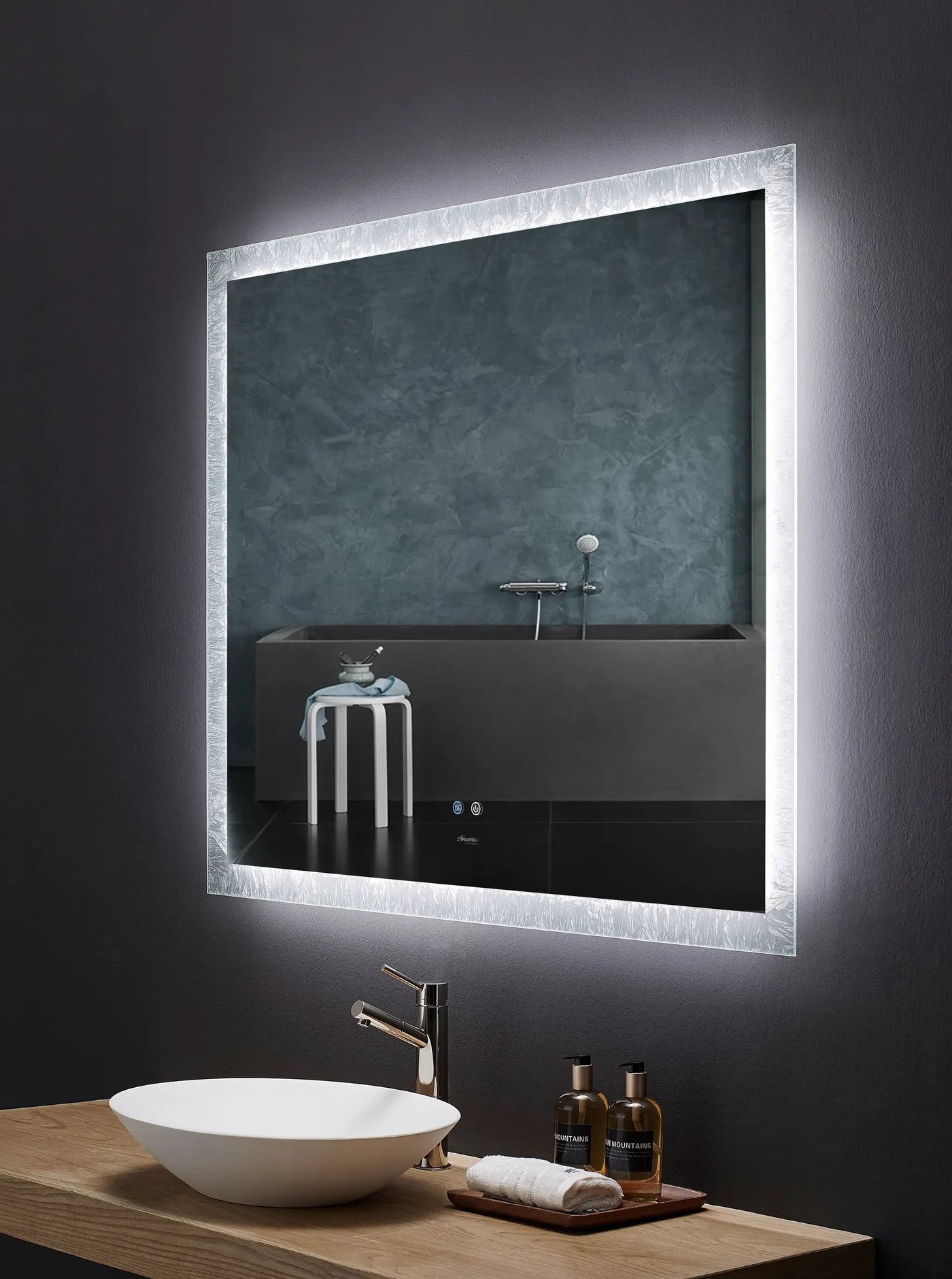 Frysta LED Frameless Rectangular Mirror Lighted Bathroom Vanity with Dimmer and Defogger by Ancerre Designs