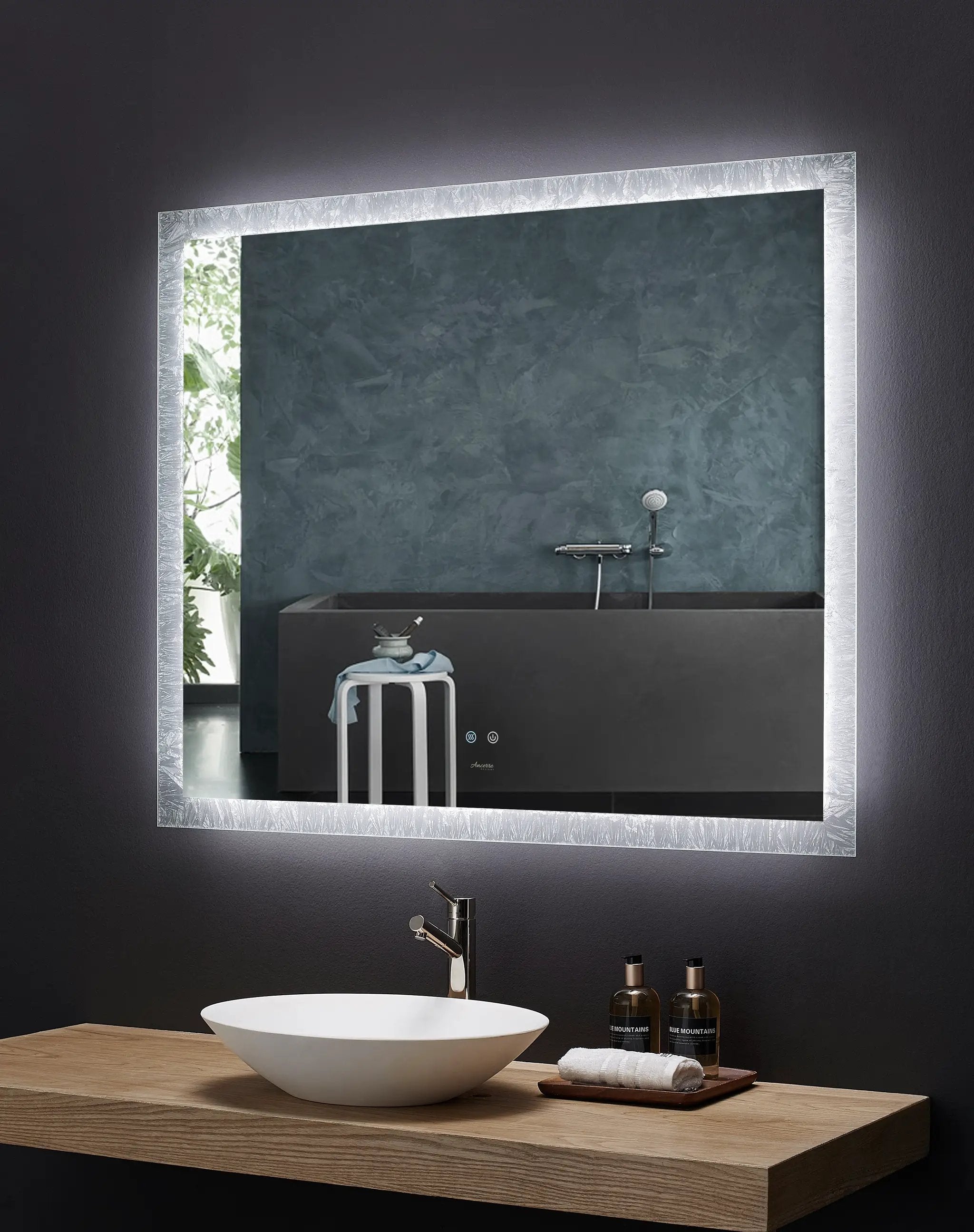Frysta LED Frameless Rectangular Mirror Lighted Bathroom Vanity with Dimmer and Defogger by Ancerre Designs